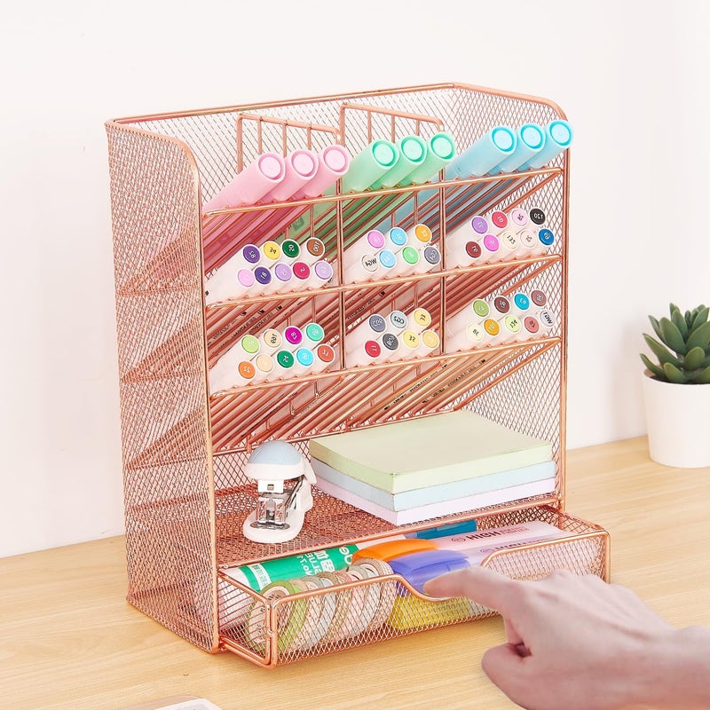 Spacrea Pen Holder Desk Organizer - Desk Organizers and Accessories, Pencil Holder with 10 Compartments and 1 Drawer（Rose Gold） - Image 3